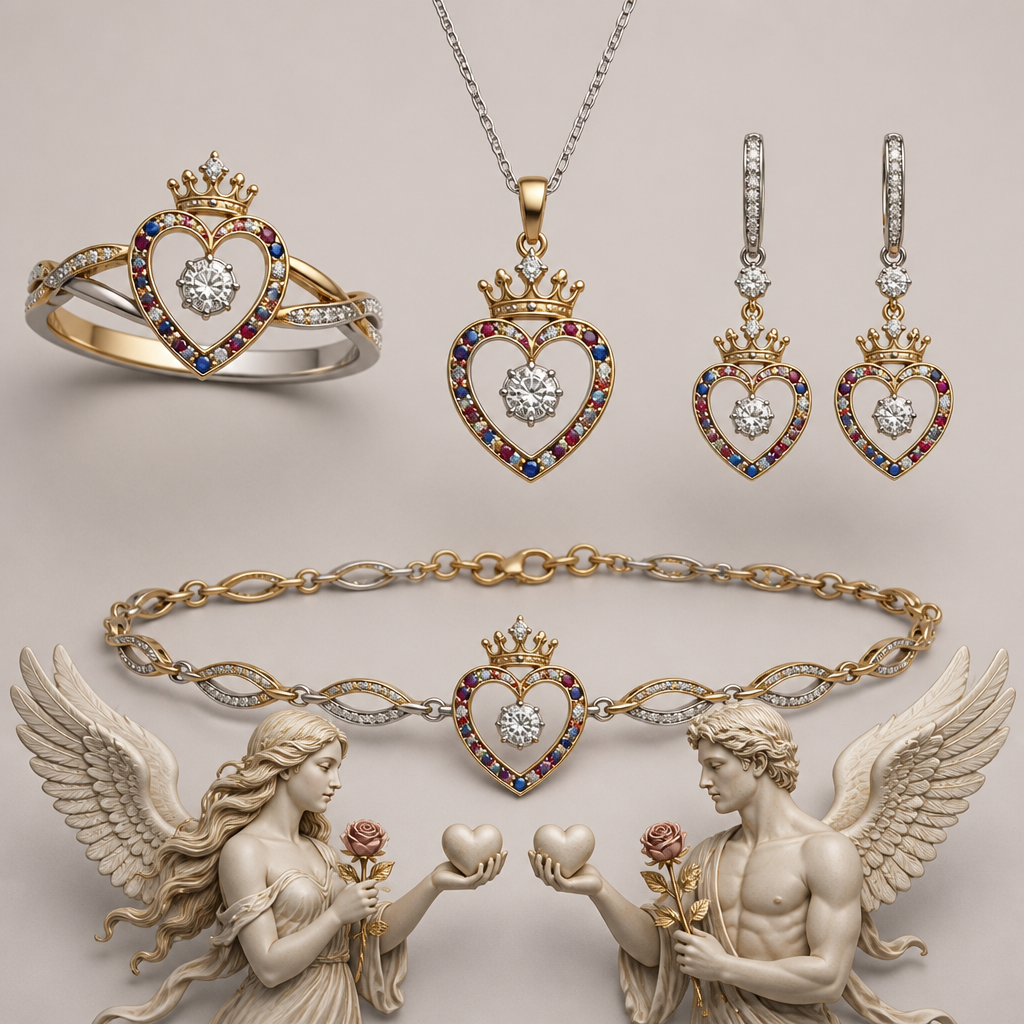 A minimalist women's ring made of mixed metal with diamond and ruby and sapphire stones suitable for wedding. An extraordinary beautiful delicate elegant and excellent set of jewelry with a beautiful delicate and elegant ring, two ear rings, a pendant and a bracelet with a heart at the middle and a diamond in the middle of the heart over the heart to be placed a beautiful delicate and elegant queen crown with a diamond in the middle and rubies and sapphires all around the crown, with an extraordinary beautiful delicate and elegant female Angel with a beautiful delicate and elegant face with long hair holding a heart with Her right hand and a rose with Her left hand at the right side of the heart and an extraordinary beautiful delicate and elegant male Angel with an extraordinary beautiful delicate elegant and fit body with a beautiful delicate and elegant face with short hair holding a heart with His right hand and a rose with His left hand at the left side of the heat.
