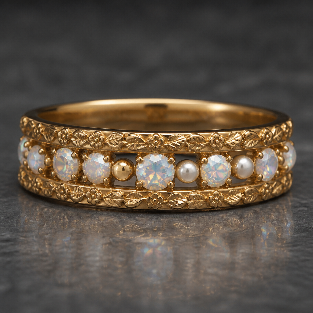 Medium think double band with thin floral leaves on them and inbetween the two bands put alternating size aura diamonds and small pearls and gold beads
photorealistic jewelry design, Medium think double band with thin floral leaves on them and inbetween the two bands put alternating size aura diamonds and small pearls and gold beads , renaissance style, just the design no text