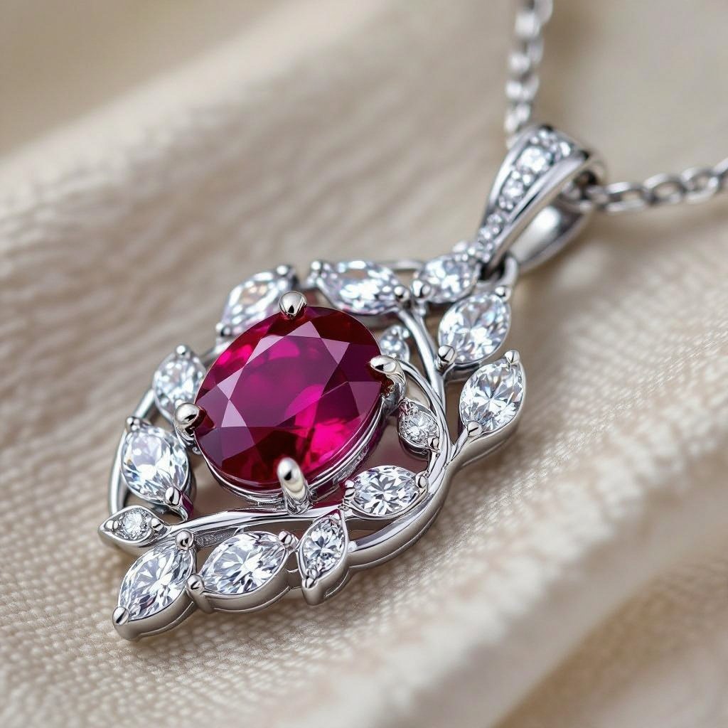 7x5mm oval pigeon blood ruby with 8 marquis cut diamonds each .08ct set in white gold pendant 