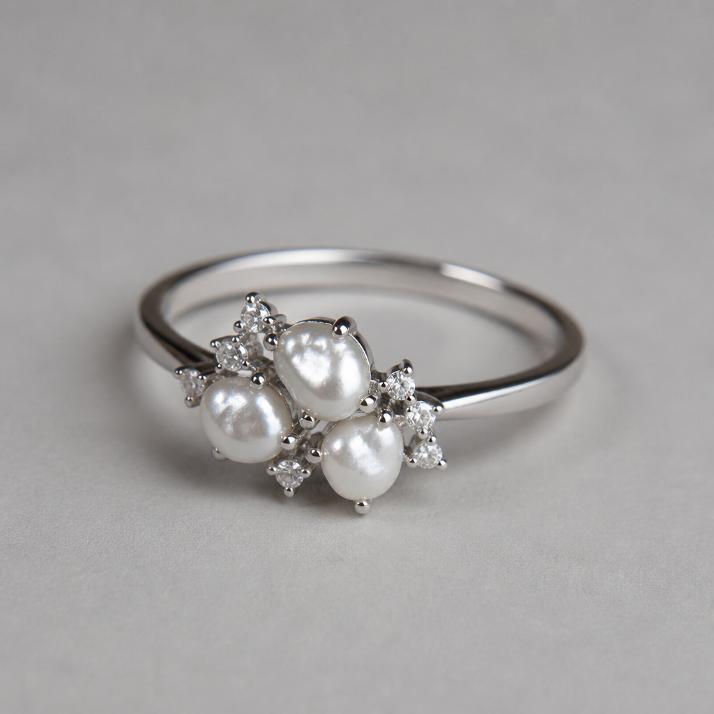 Gümüş bir yüzük üzerinde 3 adet minik barok inci ve incilerin etrafında minik lab grown pırlantalar olsun
photorealistic jewelry design, Gümüş bir yüzük üzerinde 3 adet minik barok inci ve incilerin etrafında minik lab grown pırlantalar olsun, minimalist style, just the design no text