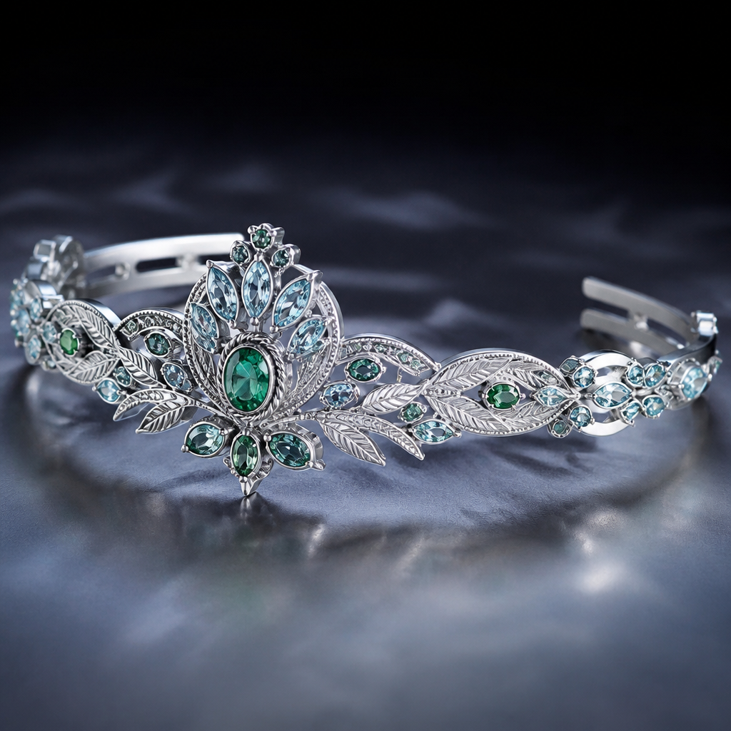 A native american women's tiara made of white gold with emerald and aquamarine stones suitable for daily wear, highly ornate, intricate and elaborate, richly detailed. delicado y sencillo pero elegante
photorealistic jewelry design, A native american women's tiara made of white gold with emerald and aquamarine stones suitable for daily wear, highly ornate, intricate and elaborate, richly detailed. delicado y sencillo pero elegante, native_american style, just the design no text