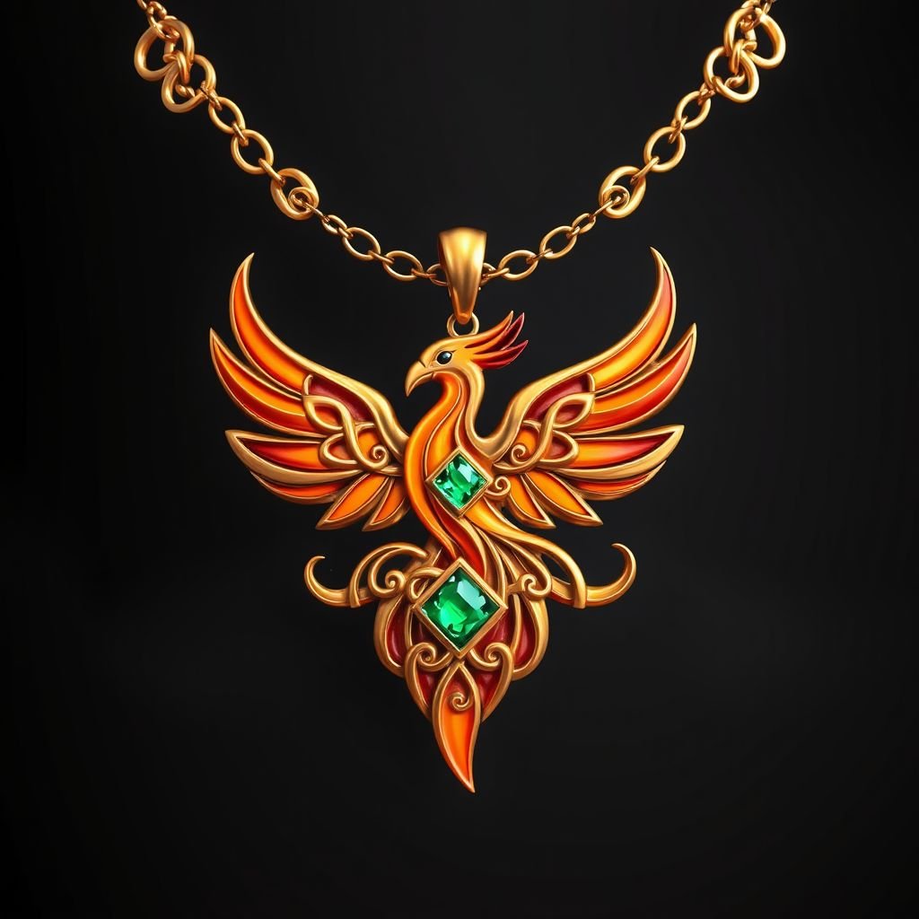 A orange and red phoenix pendant with gold chain necklace 