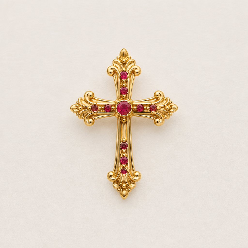 Dainty and feminine Gold cross with rubies, majority gold . Hidden bail
photorealistic jewelry design, Dainty and feminine Gold cross with rubies, majority gold . Hidden bail, bespoke style, just the design no text