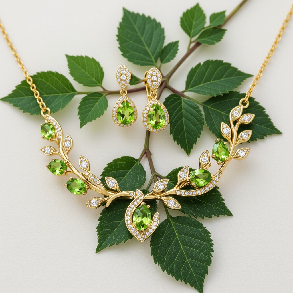 Necklace and earring and rings within peridot and diamond with gold