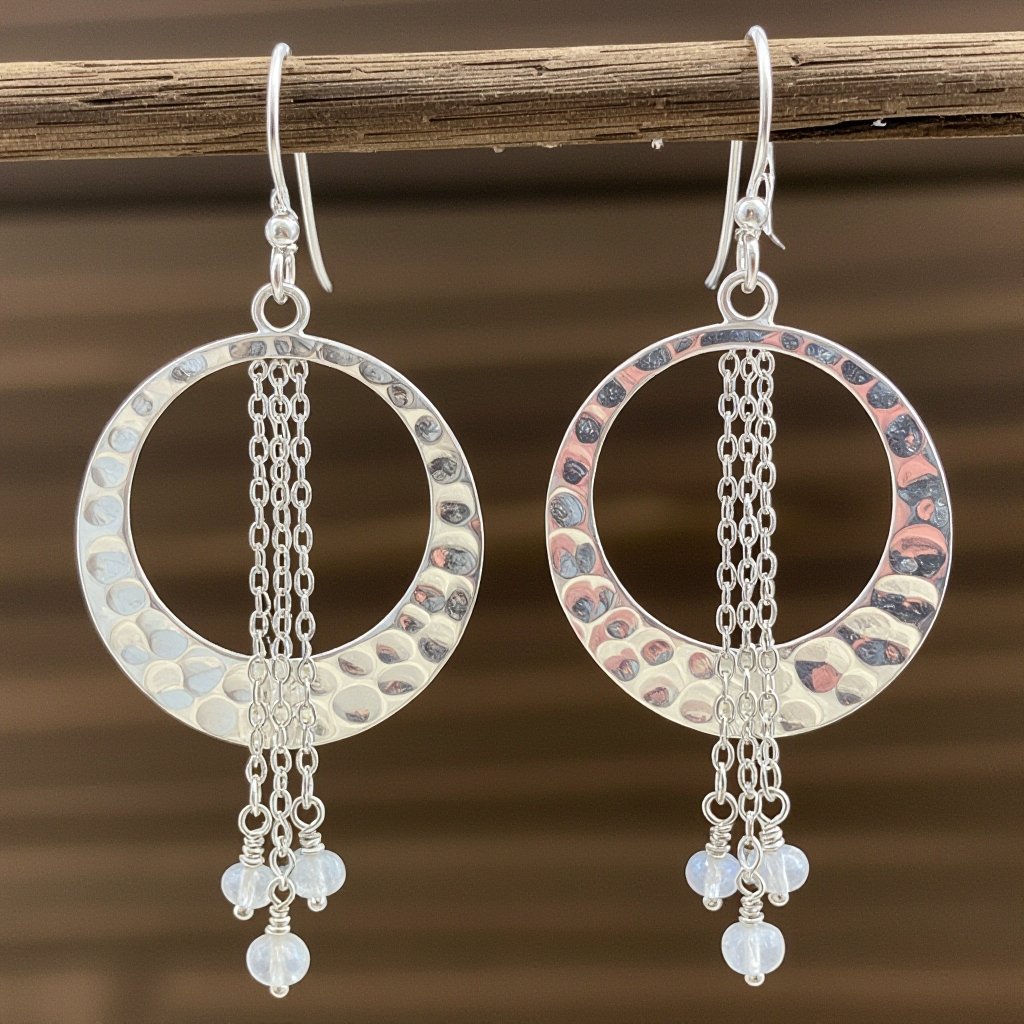 Серебряные серьги словно мятое сер ебро в форме полумесяца. Верхушка полумесяца крепится к застежке серьги.  От полумесяца идет три цепочки, у каждой на конце мелкий камушек лунный камень