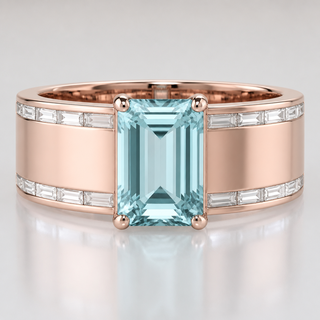 "'Create a 12 mm wide Band high polished 14 karat rose gold ring setting a 14 x 11 mm
Emerald cut aquamarine north south in a 4 prong setting elevated above the Band but setting as low profile as possible.
Then on the top and bottom, both edges of the wide band of the ring set 4 x 2 mm Baguette Diamonds setting the Baguette Diamonds East West in the ring so there's one thin row of Baguette diamonds at the top of the ring band and one thin row of Baguette diamonds at the bottom of the ring band. Keep the ring band the same millimeter width all the way around the ring
photorealistic jewelry design, "'Create a 12 mm wide Band high polished 14 karat rose gold ring setting a 14 x 11 mm
Emerald cut aquamarine north south in a 4 prong setting elevated above the Band but setting as low profile as possible.
Then on the top and bottom, both edges of the wide band of the ring set 4 x 2 mm Baguette Diamonds setting the Baguette Diamonds East West in the ring so there's one thin row of Baguette diamonds at the top of the ring band and one thin row of Baguette diamonds at the bottom of the ring band. Keep the ring band the same millimeter width all the way around the ring , just the design no text