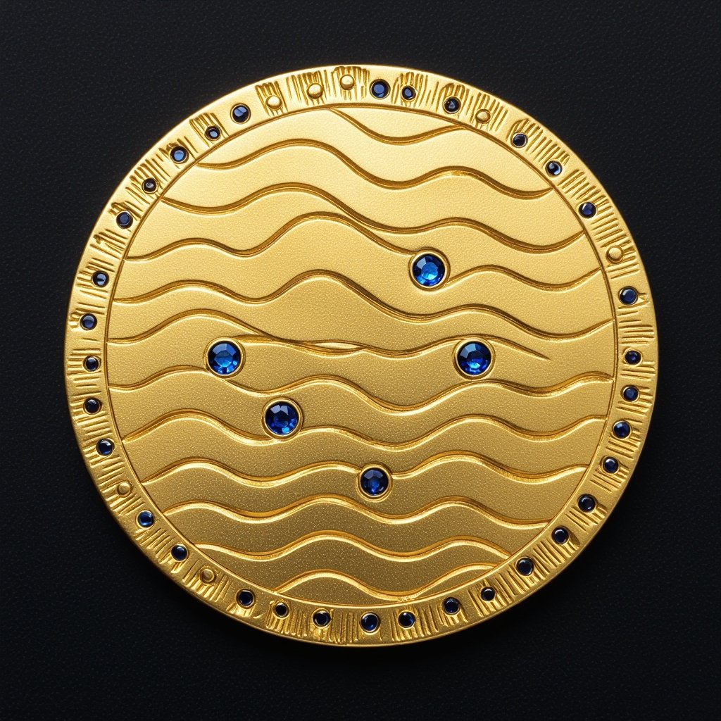 Золотой матовый медальон в форме неровного круга с неровными краями. По краям выпуклые точки сплошной линией. На круге разные волнистые узоры словно волны. Три миниатюрных голубых камушка хаотично расположены в круге