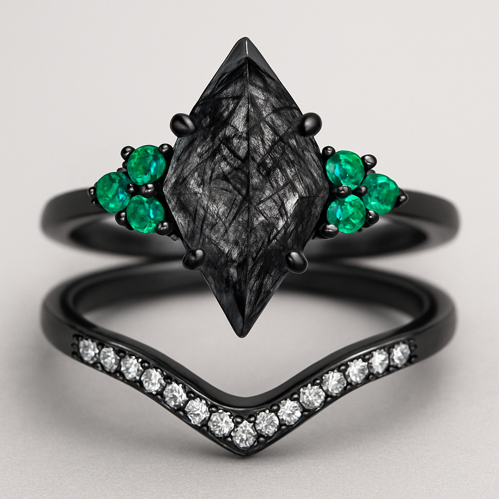 Black band, long kite cut rutilated black quartz upside down, emerald accent stones 3 on each side in a cluster, add a wedding band that curves around main stone with black and white stones