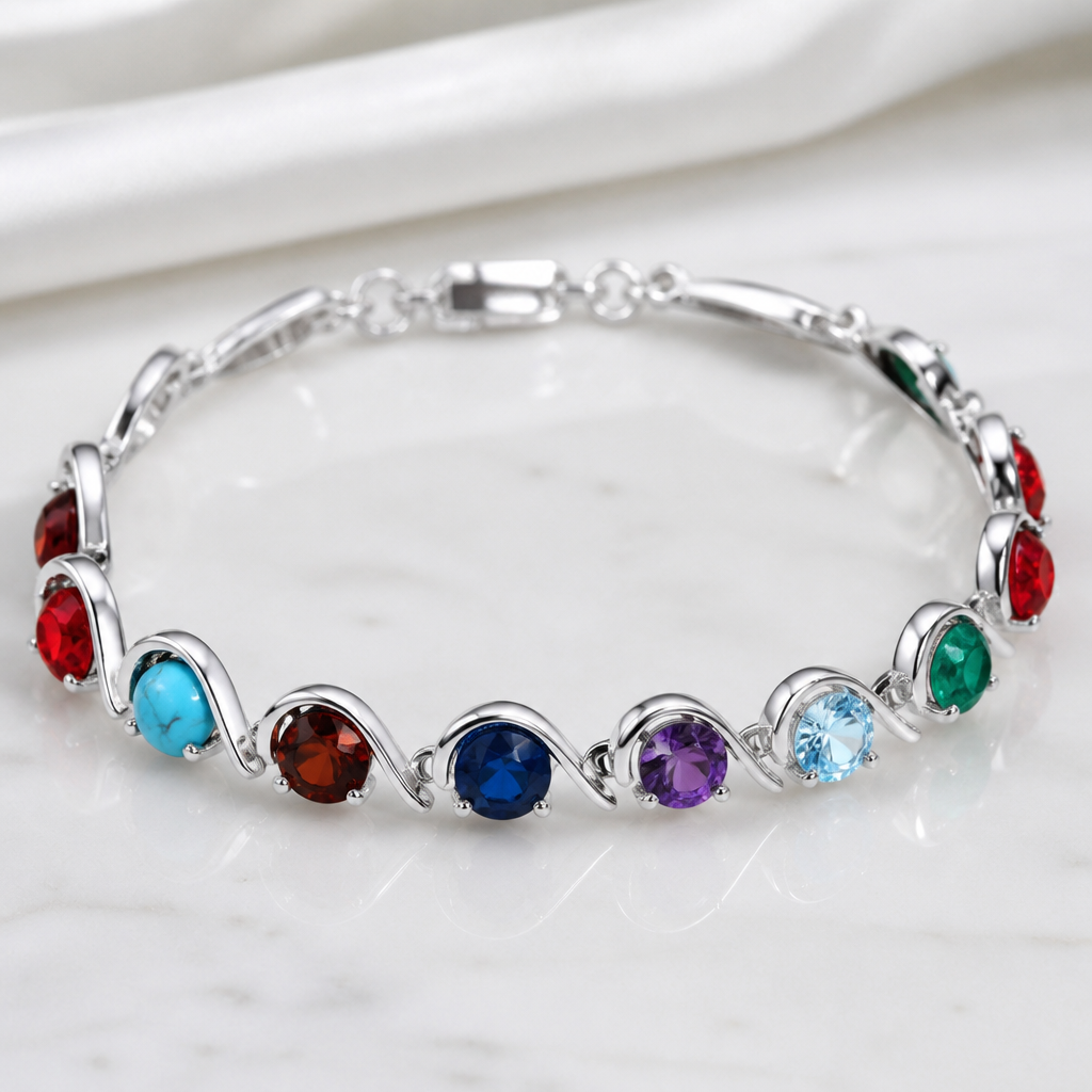 A women's bracelet with emerald and topaz and aquamarine and amethyst and sapphire and ruby and turquoise and garnet stones. modern Sleek simple bracelet High shine
photorealistic jewelry design, A women's bracelet with emerald and topaz and aquamarine and amethyst and sapphire and ruby and turquoise and garnet stones. modern Sleek simple bracelet High shine, modern style, just the design no text