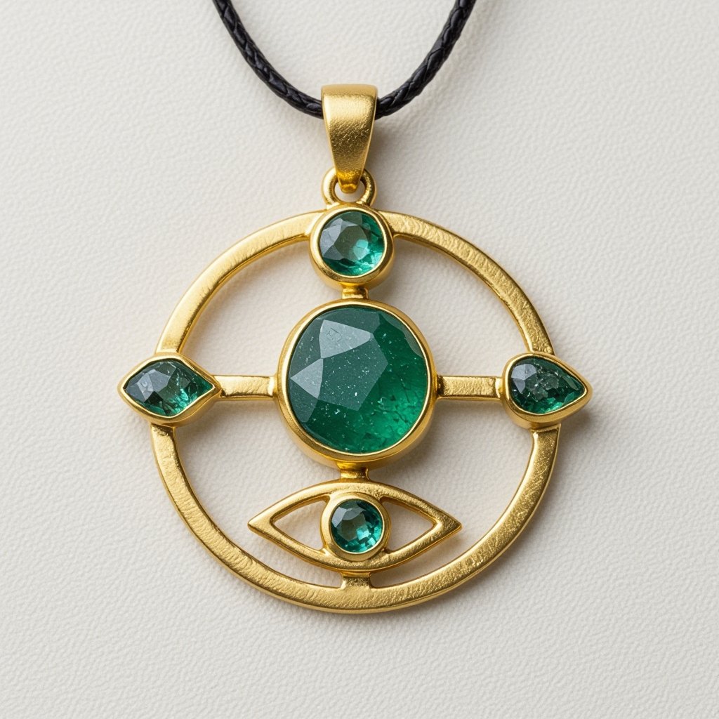 Подвеска из матового золота с узорами и мелкими необработанными камнями в форме двух пересекающихся окружностей и глаза между ними