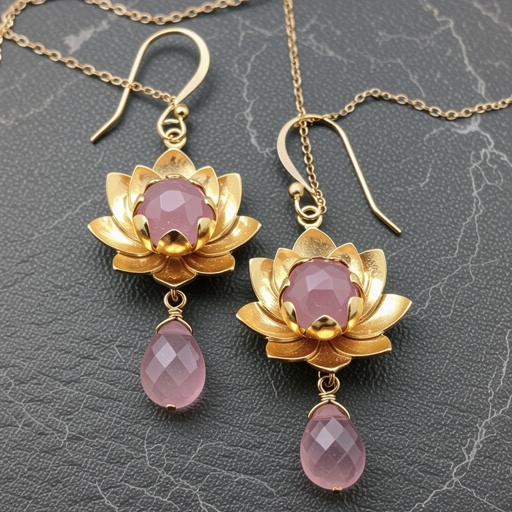 Светлое матовое золото. Серьги с лотосом на длинных цепочках. По центру лотоса камень необрабаботанного розового кварца, от лотоса идет цепочка с еще одним камнем кварца на конце. Серьги тонкие и легкие