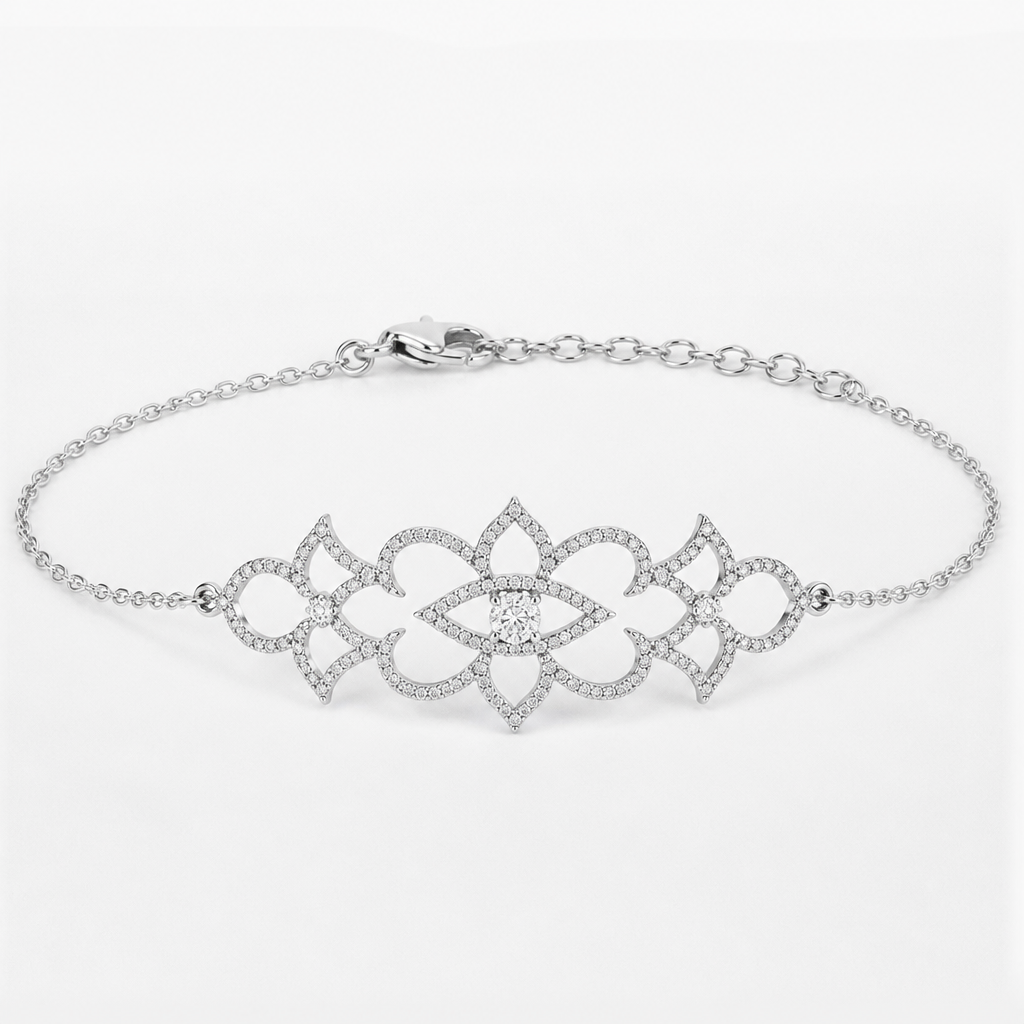 A women's bracelet made of silver with diamond stones. bracelet qui rappel la dentelle metal fin avec chaine minimaliste, jaime les espaces vide
photorealistic jewelry design, A women's bracelet made of silver with diamond stones. bracelet qui rappel la dentelle metal fin avec chaine minimaliste, jaime les espaces vide, modern style, just the design no text