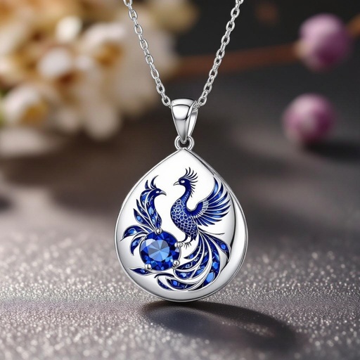 Pendant of phoenix printed on it for women Design a luxurious platinum signet ring that embodies the elegance of Art Deco style, featuring a striking phoenix rendered in intricate geometric patterns. Emphasize bold lines and symmetry, with contrasting finishes for depth. Adorn the ring with brilliant-cut diamonds and emeralds, capturing the spirit of rebirth and timeless sophistication. **Pendant of phoenix printed on white gold with a sapphire gem for women**