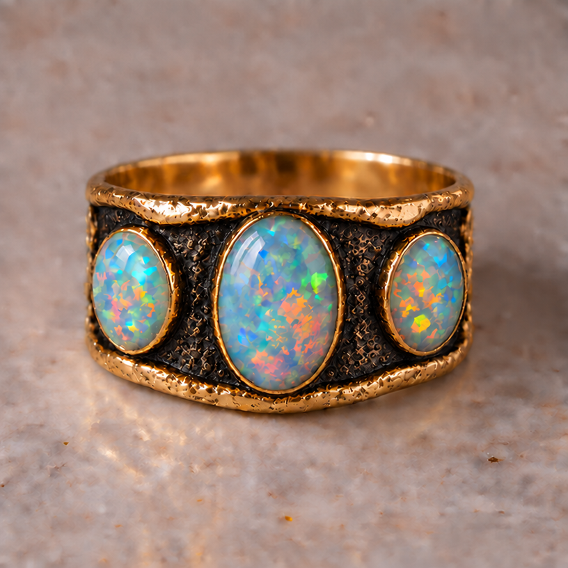 Restyled: add more antiquing between opals
Restyle the jewelry piece in the image: add more antiquing between opals. Keep the overall design and composition unless instructed otherwise. Photorealistic jewelry photograph, no text.