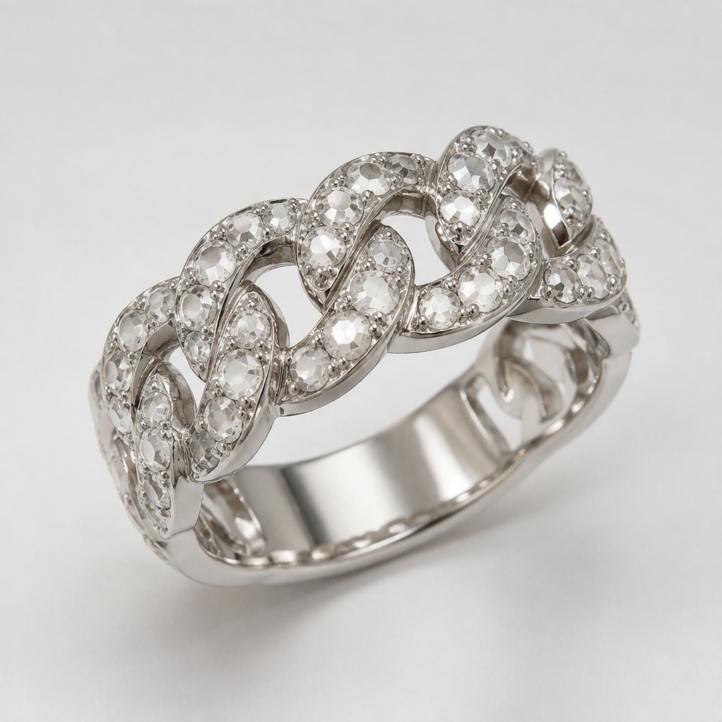 Cuban chain ring for women with rose cut diamonds in a white finish
photorealistic jewelry design, Cuban chain ring for women with rose cut diamonds in a white finish , modern style, just the design no text