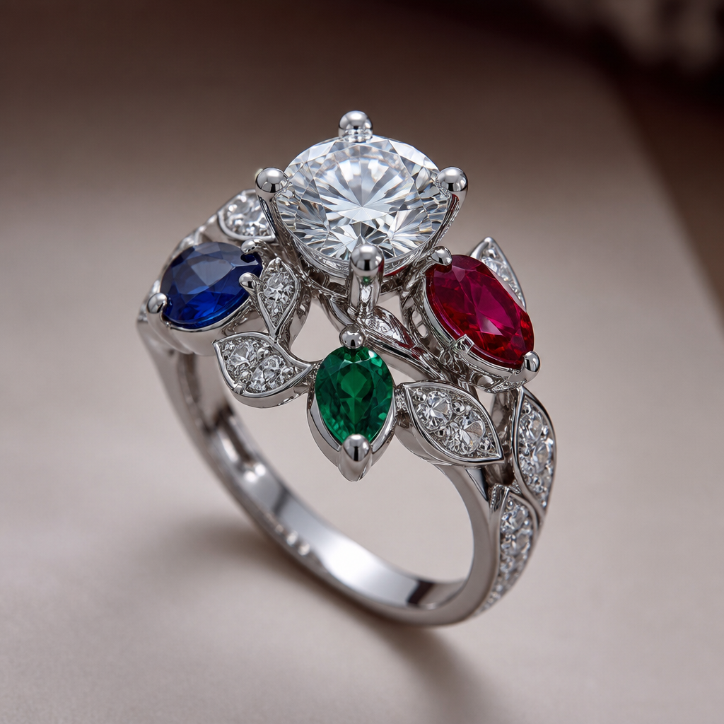 A luxury women's ring made of platinum with sapphire and ruby and diamond and emerald stones. anillo con 4 diferentes tipos de joyas echo en platino es un anillo con mucha personalidad para una mujer con mucha delicadeza es para una pedida de mano
photorealistic jewelry design, A luxury women's ring made of platinum with sapphire and ruby and diamond and emerald stones. anillo con 4 diferentes tipos de joyas echo en platino es un anillo con mucha personalidad para una mujer con mucha delicadeza es para una pedida de mano, luxury style, just the design no text