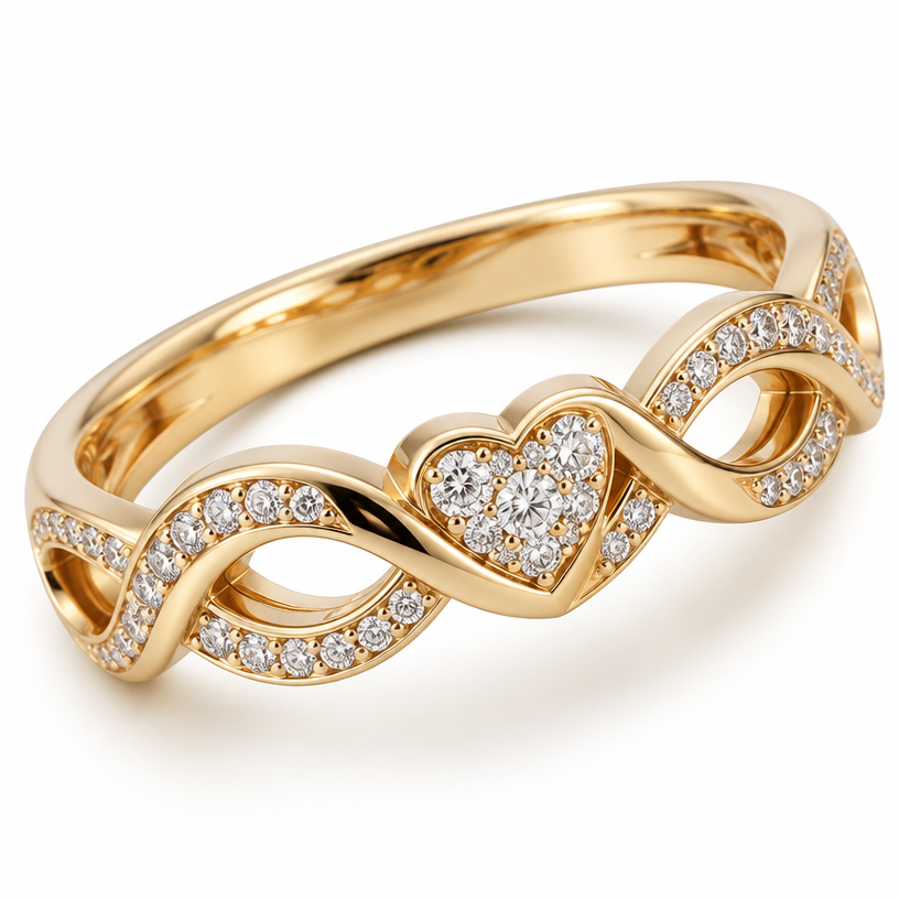 A modern women's ring made of gold with diamond stones suitable for engagement, detailed and decorative, moderately ornate. La forma del círculo del anillo sean A infinitas y con un corazón en medio de diamantes que no sobresalga del anillo
using the attached image as a visual reference, create A modern women's ring made of gold with diamond stones suitable for engagement, detailed and decorative, moderately ornate. La forma del círculo del anillo sean A infinitas y con un corazón en medio de diamantes que no sobresalga del anillo. photorealistic, just the design no text