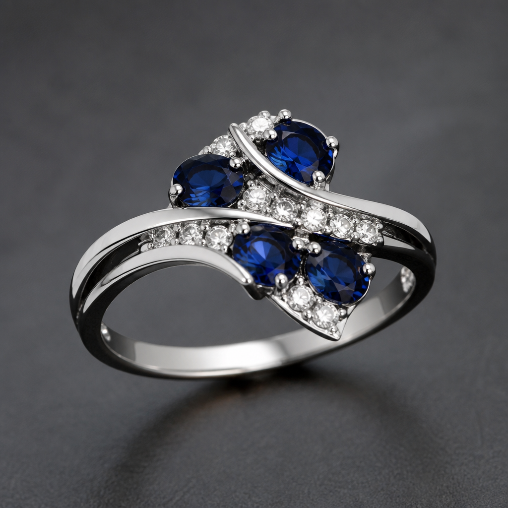 A women's ring with sapphire stones
photorealistic jewelry design, A women's ring with sapphire stones, modern style, just the design no text