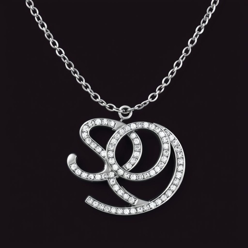 silver necklace with the pendant in letter SQ in a unique way with white  stones 