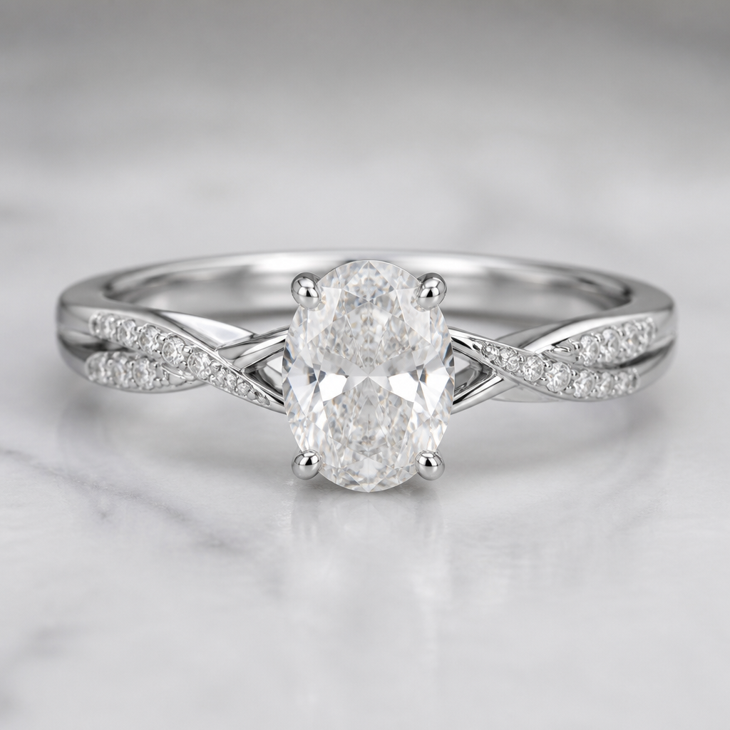 A contemporary women's ring made of white gold with diamond stones suitable for wedding. A 0.70-carat oval diamond is used as the center stone.
photorealistic jewelry design, A contemporary women's ring made of white gold with diamond stones suitable for wedding. A 0.70-carat oval diamond is used as the center stone., contemporary style, just the design no text