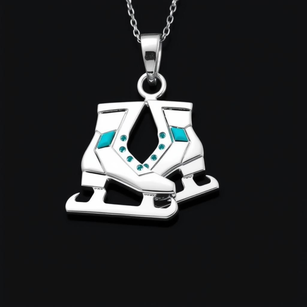 Pendant silver with stylized ice figure skating skates. Remove boots and leave only lowest part of skates. Add turquoise