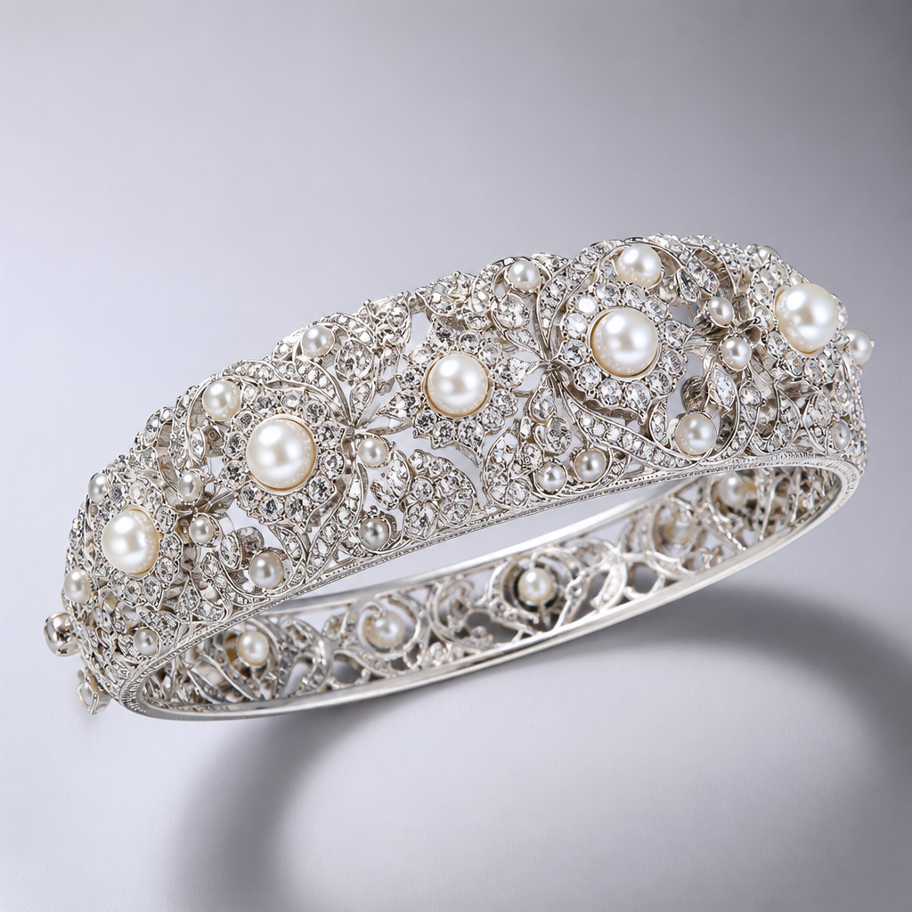A bangle women's bracelet made of platinum with pearl stones, highly ornate, intricate and elaborate, richly detailed. delicate
photorealistic jewelry design, A bangle women's bracelet made of platinum with pearl stones, highly ornate, intricate and elaborate, richly detailed. delicate, bangle style, just the design no text