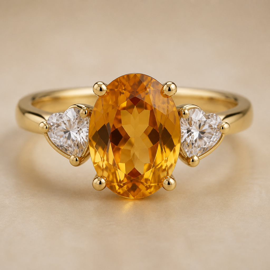3ct oval cetrine and heart moissanite ring in yellow gold
photorealistic jewelry design, 3ct oval cetrine and heart moissanite ring in yellow gold, just the design no text