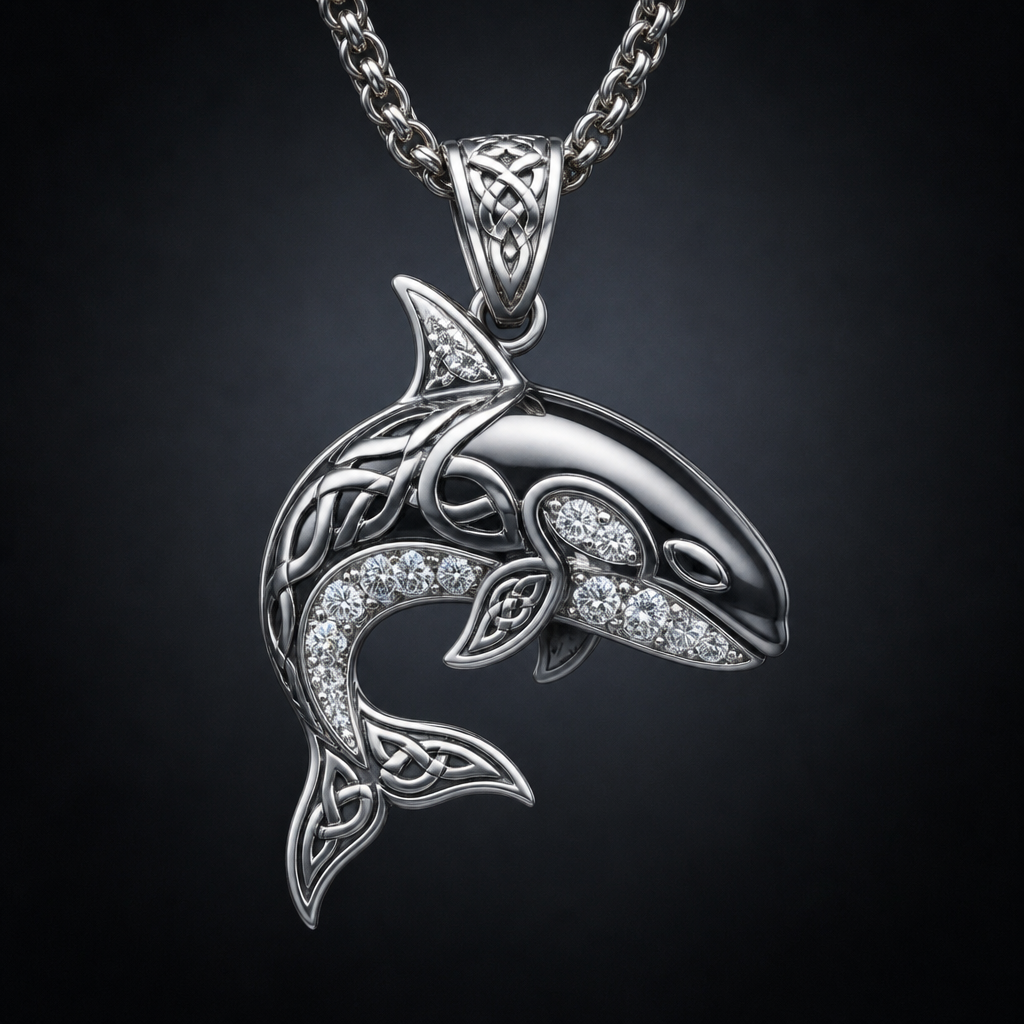 A celtic men's pendant made of platinum with diamond stones suitable for formal. make a killer whale with its belly as the diamonds
photorealistic jewelry design, A celtic men's pendant made of platinum with diamond stones suitable for formal. make a killer whale with its belly as the diamonds, celtic style, just the design no text
