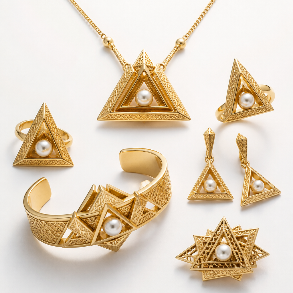Create an exclusive haute joaillerie 21K yellow gold jewelry collection inspired by the majestic pyramids of Giza and contemporary Arabic architecture. The design should embrace minimalism with bold triangular geometry, clean lines, layered pyramid silhouettes, and delicate Islamic geometric motifs engraved into the gold. Natural white pearls float gracefully within the geometric framework, creating a striking contrast between softness and structure. Elegant proportions, luxurious craftsmanship, modern Middle Eastern aesthetic, premium high jewelry, polished yellow gold, subtle matte textures, architectural elegance, timeless luxury, editorial jewelry photography, ultra-realistic, cinematic lighting, white seamless background, 8K.
photorealistic jewelry design, Create an exclusive haute joaillerie 21K yellow gold jewelry collection inspired by the majestic pyramids of Giza and contemporary Arabic architecture. The design should embrace minimalism with bold triangular geometry, clean lines, layered pyramid silhouettes, and delicate Islamic geometric motifs engraved into the gold. Natural white pearls float gracefully within the geometric framework, creating a striking contrast between softness and structure. Elegant proportions, luxurious craftsmanship, modern Middle Eastern aesthetic, premium high jewelry, polished yellow gold, subtle matte textures, architectural elegance, timeless luxury, editorial jewelry photography, ultra-realistic, cinematic lighting, white seamless background, 8K., byzantine style, just the design no text
