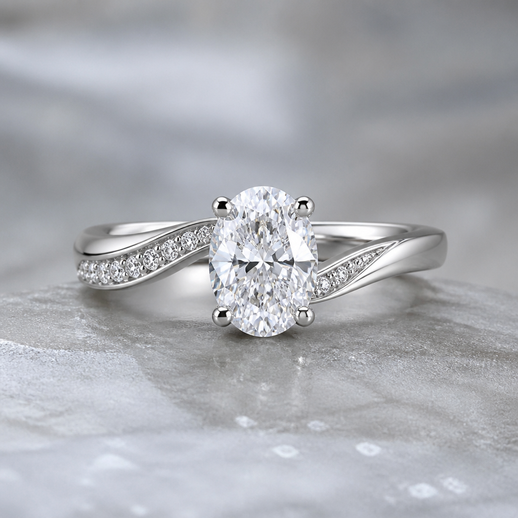 A contemporary women's ring made of white gold with diamond stones suitable for wedding. A 0.70-carat oval diamond is used as the center stone.
photorealistic jewelry design, A contemporary women's ring made of white gold with diamond stones suitable for wedding. A 0.70-carat oval diamond is used as the center stone., contemporary style, just the design no text