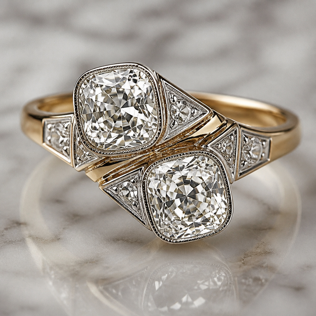 A art deco women's ring made of gold with diamond stones suitable for engagement. vintage-style crossover engagement ring featuring two large, cushion-cut diamonds in a platinum setting
photorealistic jewelry design, A art deco women's ring made of gold with diamond stones suitable for engagement. vintage-style crossover engagement ring featuring two large, cushion-cut diamonds in a platinum setting, art_deco style, just the design no text