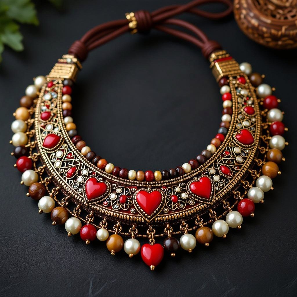 Necklace cute, intricate design, small, wood pearls and leather lace, with red hearts pearls and brown, beige and grey pearls