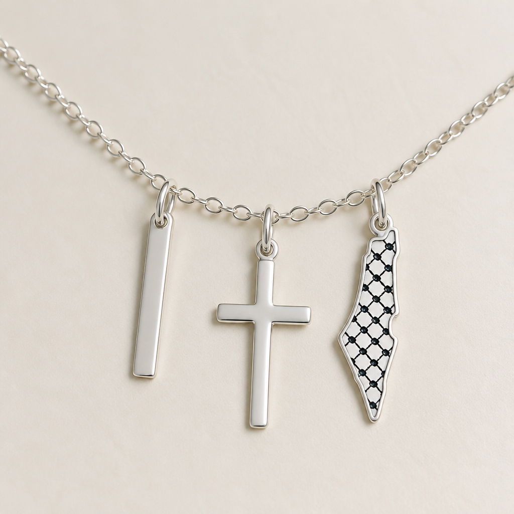 A chain women's necklace made of silver suitable for daily wear. a dwell in possibility written on the left I. the middle a cross and on the left a Palestine map with a kuffia design
photorealistic jewelry design, A chain women's necklace made of silver suitable for daily wear. a dwell in possibility written on the left I. the middle a cross and on the left a Palestine map with a kuffia design, chain style, just the design no text