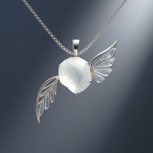 Create a pendant, use silver minimal, use raw gem stone and at top side of gem at the back there shall be one wing showing right hand side of the stone and one left hand side 