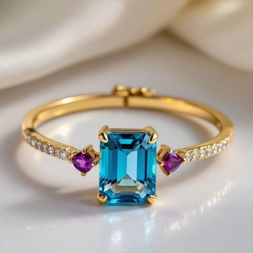 Bracelet; 1 large Emerald Cut Tanzanite stone in middle; 1 small round cut garnet; 1 small round cut zircon; 1 small triangle cut amethyst; 1 small triangle cut ruby