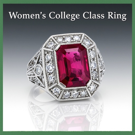 Red stone, silver, college class ring for women