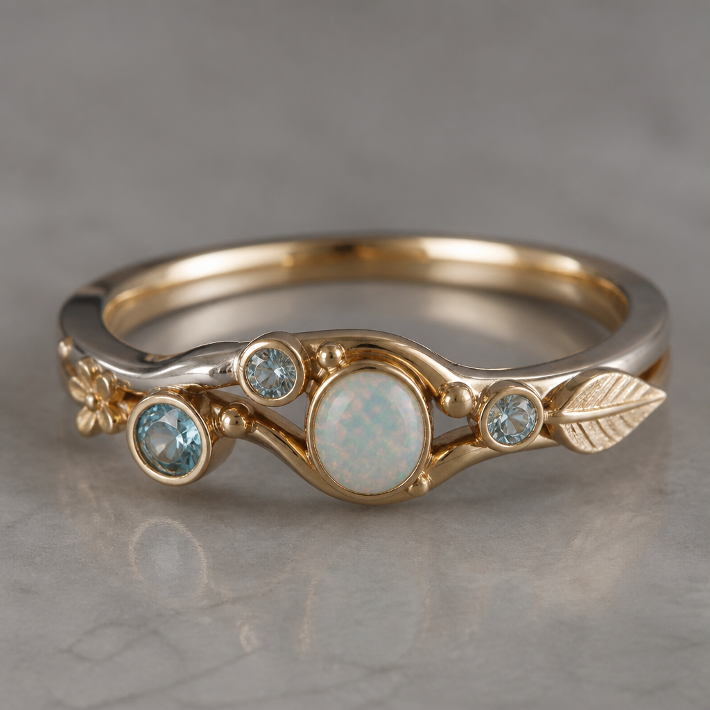 A minimalist women's ring made of mixed metal with opal and topaz and aquamarine stones suitable for festival. A modern women ring with little ornaments of modern motifs.
photorealistic jewelry design, A minimalist women's ring made of mixed metal with opal and topaz and aquamarine stones suitable for festival. A modern women ring with little ornaments of modern motifs., minimalist style, just the design no text
