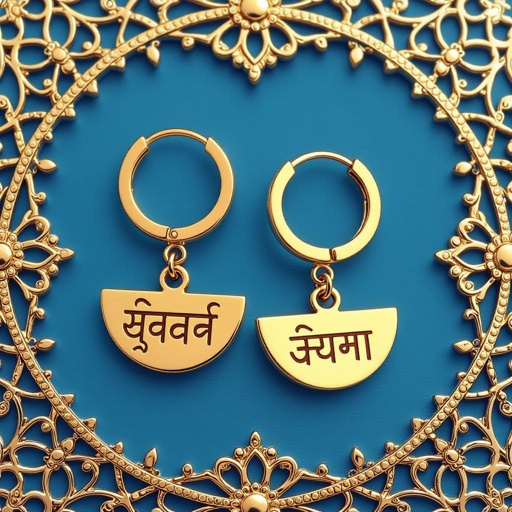 Серьги золотые в форме полукруга, полукруг как продолжение застежки, на полукруге надписи мантрами на санскрите