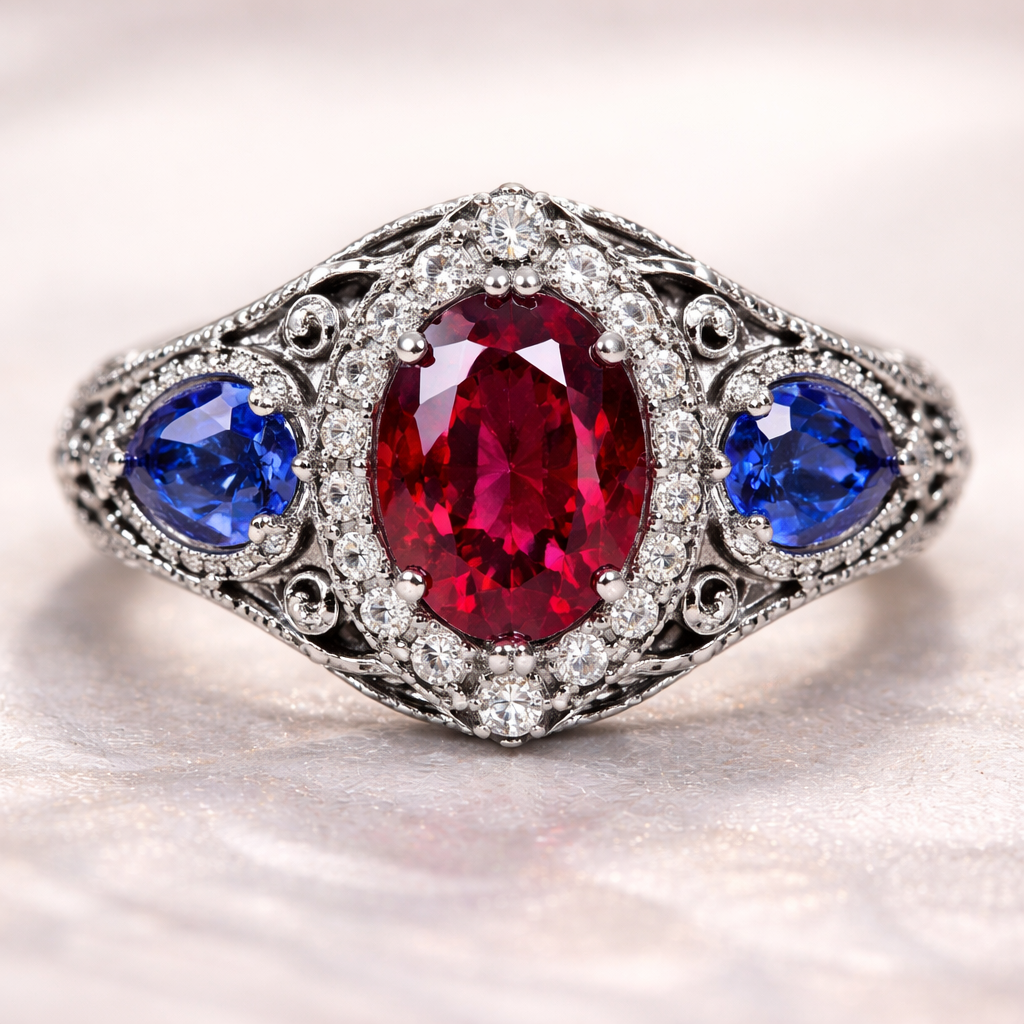 A ruby with sapphires on the side
A ruby with sapphires on the side, victorian style