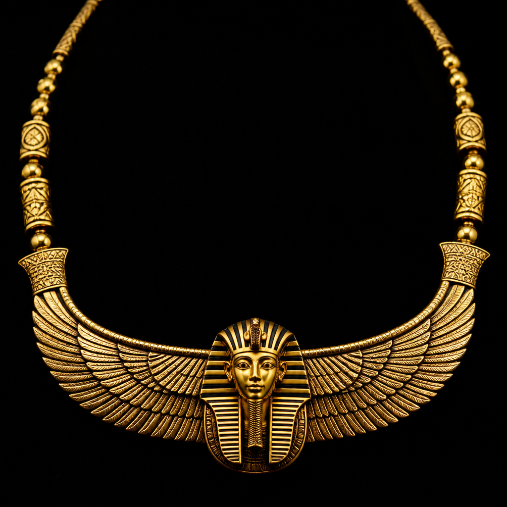 A egyptian men's necklace made of gold
photorealistic jewelry design, A egyptian men's necklace made of gold, egyptian style, just the design no text