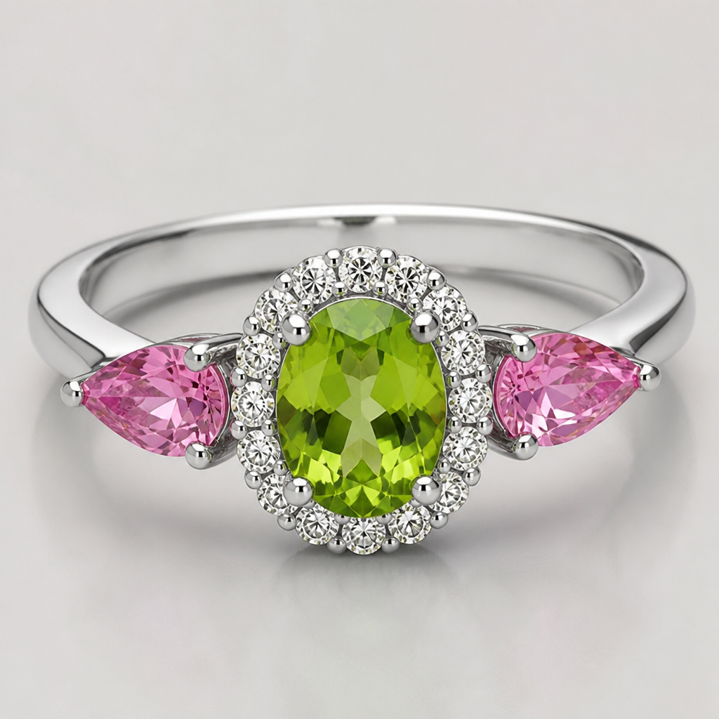 A modern women's ring made of silver with diamond stones suitable for birthday. Allora ho pensato a un anello con peridoto centrale bello acceso contornato di diamanti e ai due lati uno zaffiro rosa taglio goccia
photorealistic jewelry design, A modern women's ring made of silver with diamond stones suitable for birthday. Allora ho pensato a un anello con peridoto centrale bello acceso contornato di diamanti e ai due lati uno zaffiro rosa taglio goccia, modern style, just the design no text