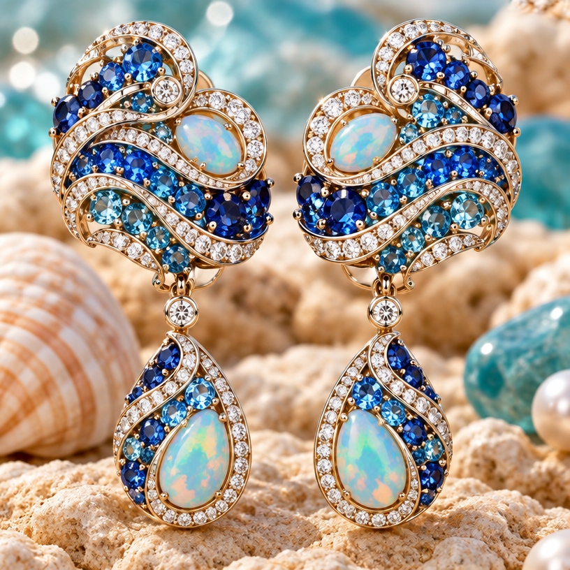 A nature-inspired women's earrings made of gold with sapphire and opal and diamond stones, highly ornate, intricate and elaborate, richly detailed. 3 OCEAN WAVE CUFF BRACELET
* Step by Step Process:
* 1: Interlocking S-curves for fluid waves.
* 2: Set sapphires, swiss blue topaz & aquamarine.
* 3: Add pavé diamond borders.
* 4: Polish and final quality check.
* Design: Wide bracelet with fluid, overlapping waves.
* Gemstones: Deep sapphire, swiss blue topaz, light aquamarine (gradient).
* Metal: Platinum / White gold with pavé diamonds.
using the attached image as a visual reference, create A nature-inspired women's earrings made of gold with sapphire and opal and diamond stones, highly ornate, intricate and elaborate, richly detailed. 3 OCEAN WAVE CUFF BRACELET
* Step by Step Process:
* 1: Interlocking S-curves for fluid waves.
* 2: Set sapphires, swiss blue topaz & aquamarine.
* 3: Add pavé diamond borders.
* 4: Polish and final quality check.
* Design: Wide bracelet with fluid, overlapping waves.
* Gemstones: Deep sapphire, swiss blue topaz, light aquamarine (gradient).
* Metal: Platinum / White gold with pavé diamonds.. photorealistic, just the design no text