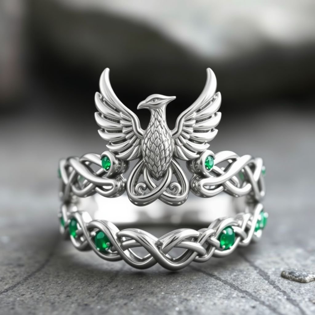 A platinum segnit ring with a Celtic phoenix and trinity knot symbol on it 