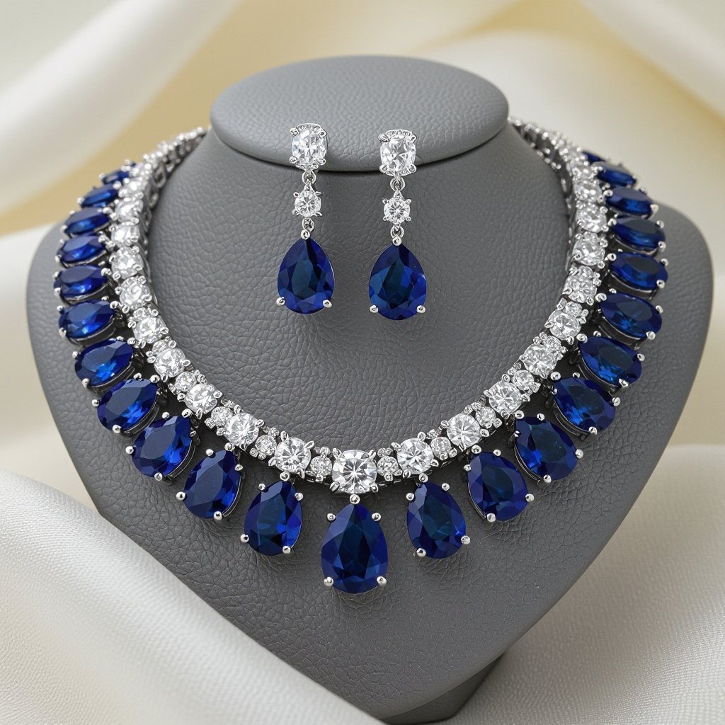 luxury necklace style and luxury earring set Platinum necks lace, sapphire , diamond accents, prong setting. Matching platinum earrings, sapphire pear drops, diamond accents, prong setting.