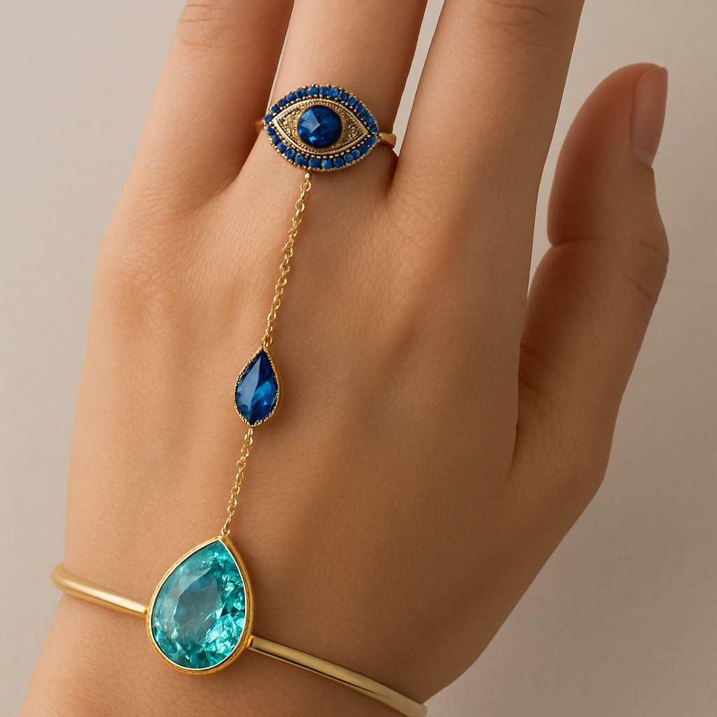 Make a hand chain with ring of eye with blue sapphires and hand chain of tear drop cut and a paraiba tourmaline cuff