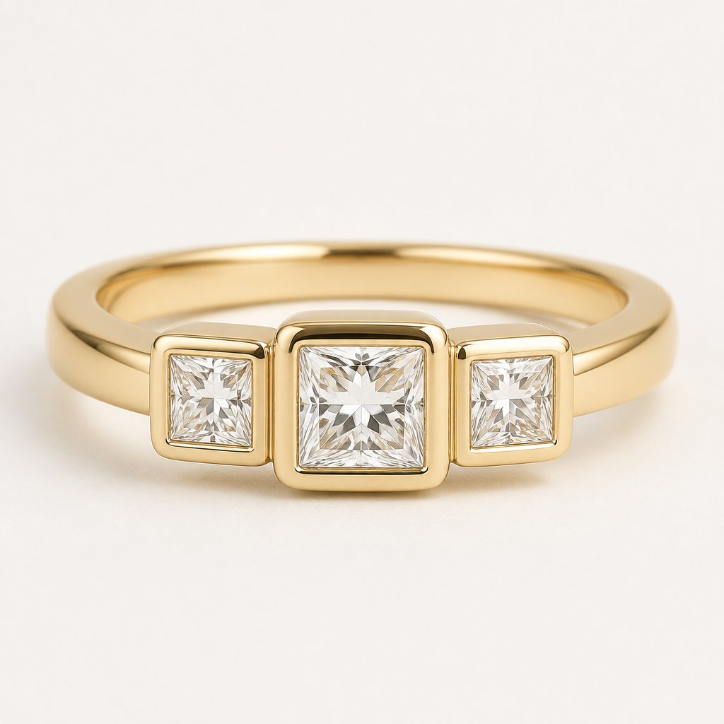 create a 3-stone ring with a .50ct princess cut diamond in the center and two .20ct princess cut diamonds on the sides. 14k yellow gold with bezel settings
Modern jewelry: Modern 3-stone ring. 14k yellow gold. Bezel settings. Center: .50ct princess cut diamond. Sides: two .20ct princess cut diamonds. Clean lines.
