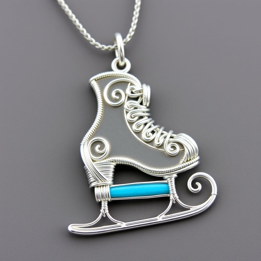 Silver Pendant shape one ice skate with turquoise stripe inside the low thin part blade