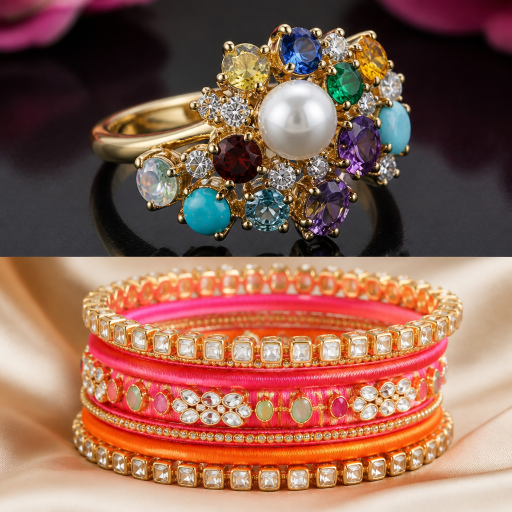 A women's ring with pearl and diamond and ruby and sapphire and emerald and amethyst and opal and topaz and garnet and aquamarine and turquoise stones suitable for formal. a silkthread bangle set made of pink and orange color, kundan Stones,stone chain,other stones
photorealistic jewelry design, A women's ring with pearl and diamond and ruby and sapphire and emerald and amethyst and opal and topaz and garnet and aquamarine and turquoise stones suitable for formal. a silkthread bangle set made of pink and orange color, kundan Stones,stone chain,other stones, modern style, just the design no text