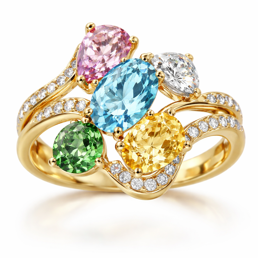 Gold ring that connects the stones. Colorful gemstones that are light blue, pink, yellow, clear, and green. different shapes
Gold ring that connects the stones. Colorful gemstones that are light blue, pink, yellow, clear, and green. different shapes , bespoke style