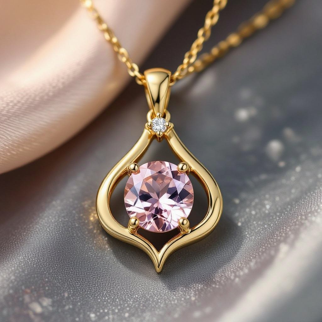 Create a golden pendant with a morganite in its center and a wavy frame looking like a yoni with a tiny diamond at the top 